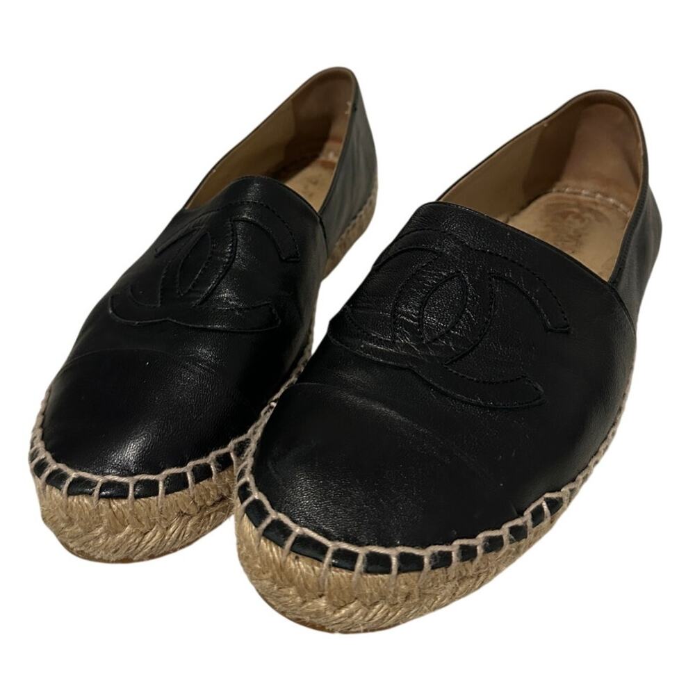 100% Authentic Chanel Size 39 / 8 CC Logo Black Lambskin Summer Espadrille Flats - Picture 6 of 11